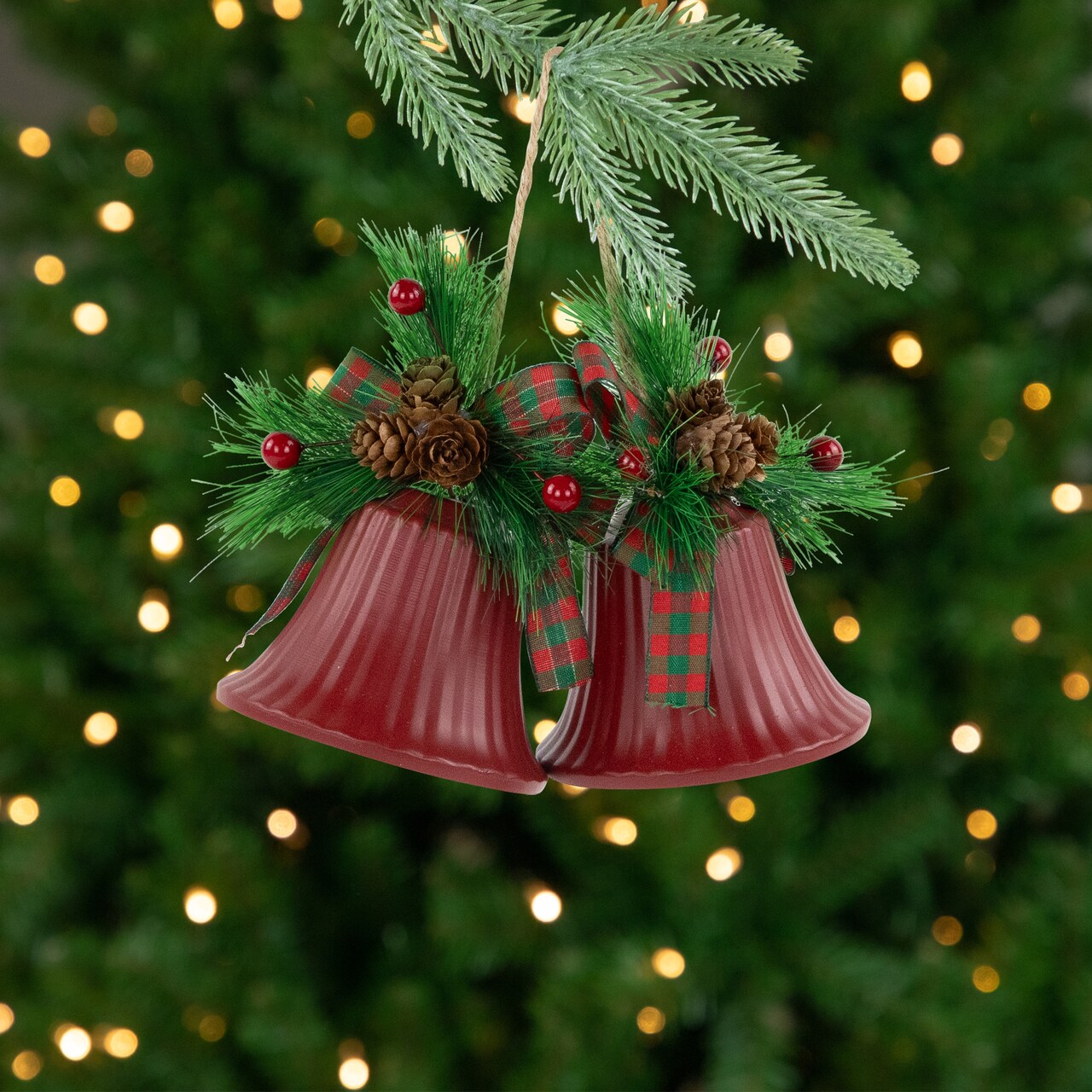 Northlight Bells with Pine Sprigs and Bow Christmas Ornaments- 7" - Red - Set of 2
